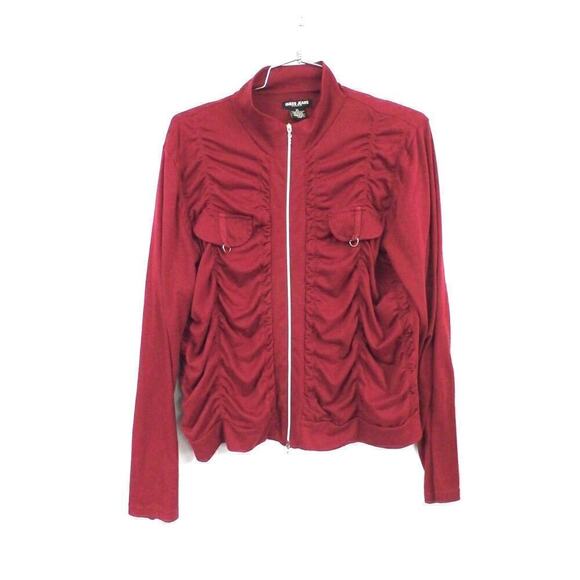 GUESS Jeans Shirred Front Zipper Front Zip Solid Red Knit Top XL - Picture 1 of 2
